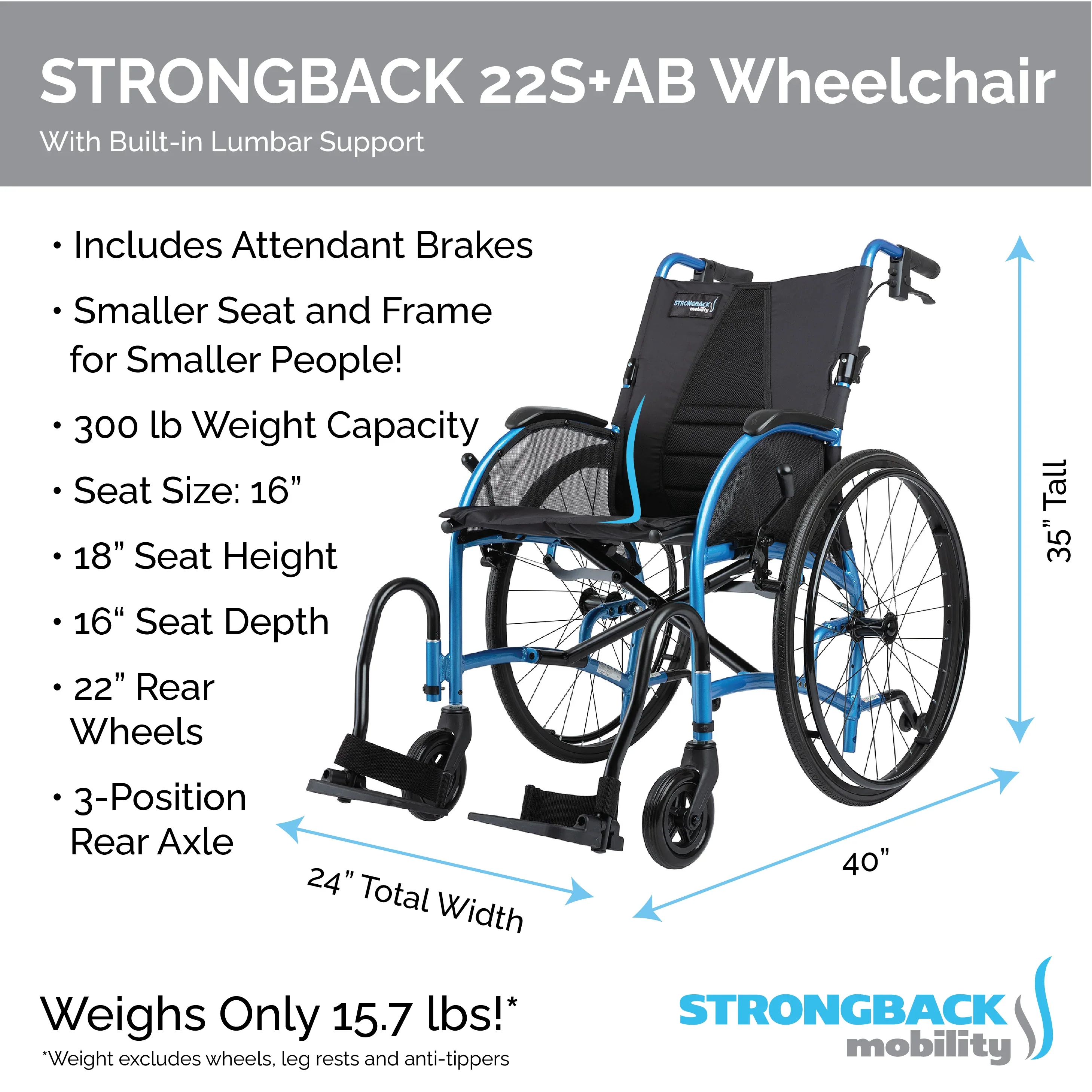 STRONGBACK Comfort Small : 22S+AB Wheelchair - Image 3