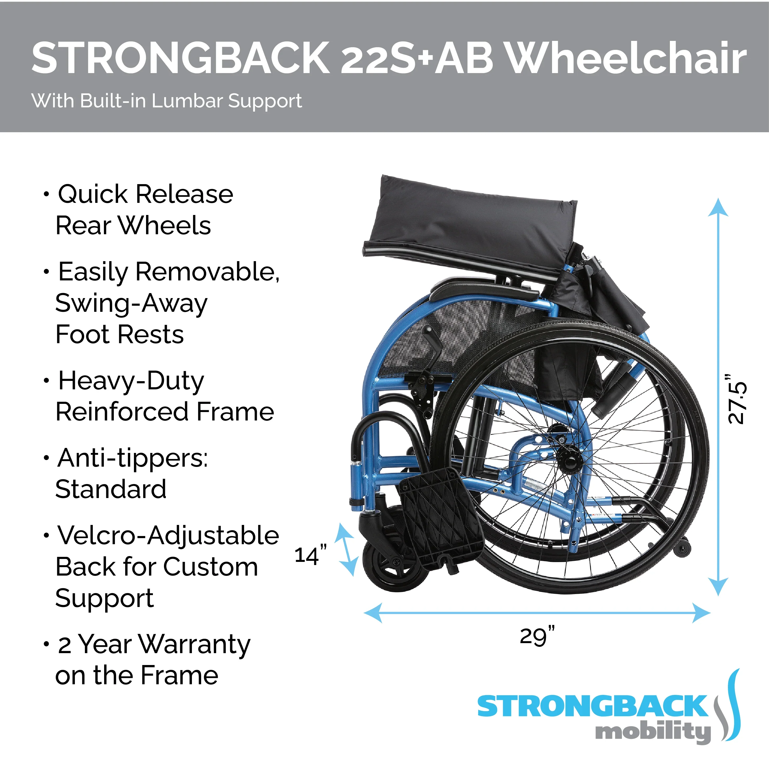 STRONGBACK Comfort Small : 22S+AB Wheelchair - Image 5